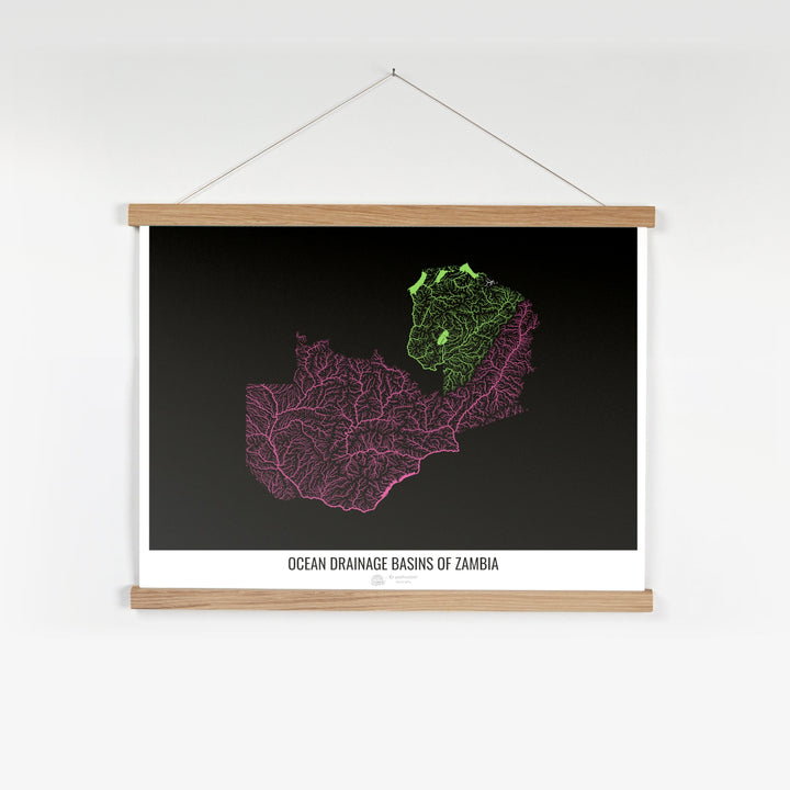 Zambia - Ocean drainage basin map, black v1 - Fine Art Print with Hanger