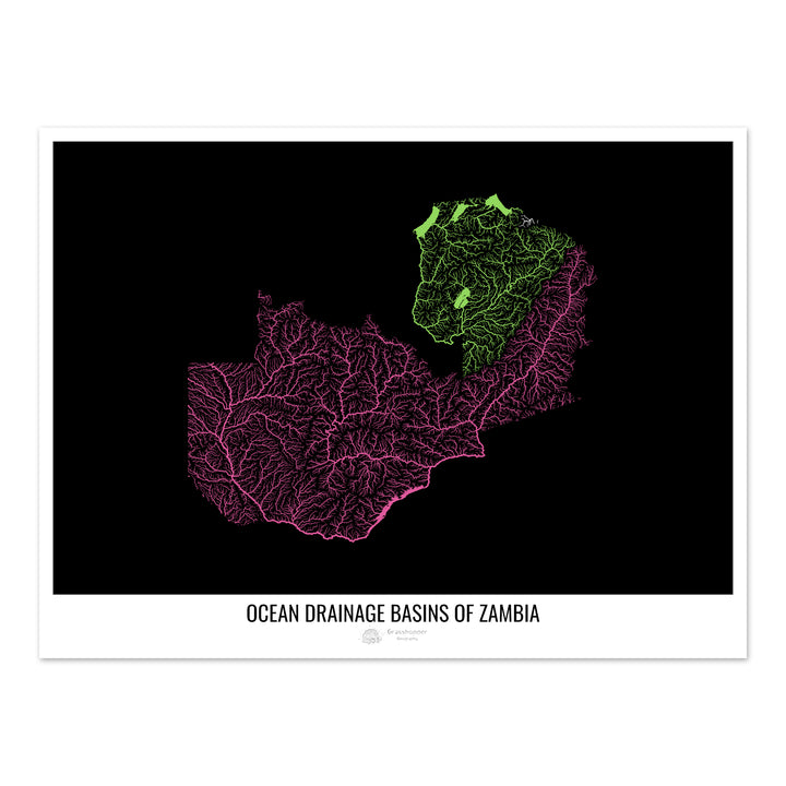 Zambia - Ocean drainage basin map, black v1 - Photo Art Print