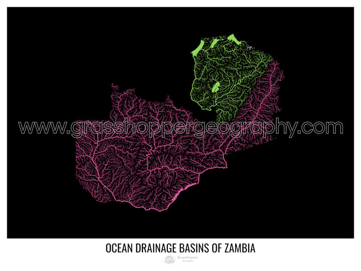 Zambia - Mapa de la cuenca hidrográfica del océano, negro v1 - Impresión de bellas artes