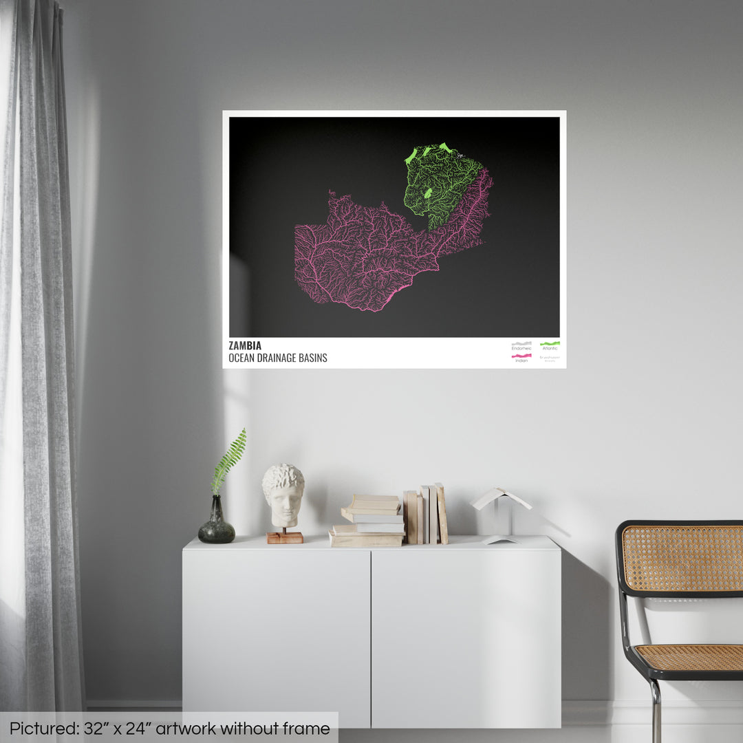 Zambia - Ocean drainage basin map, black with legend v1 - Fine Art Print