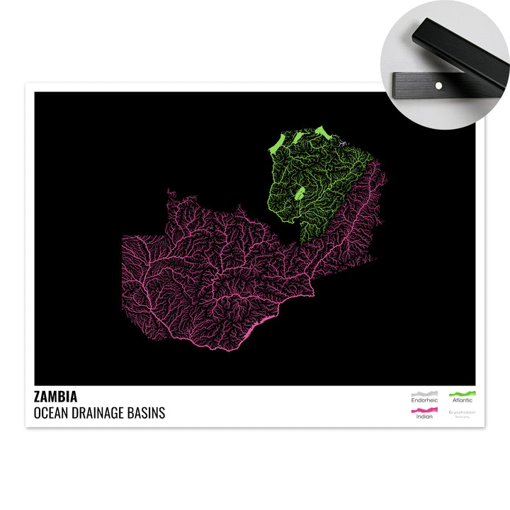 Zambia - Ocean drainage basin map, black with legend v1 - Fine Art Print with Hanger