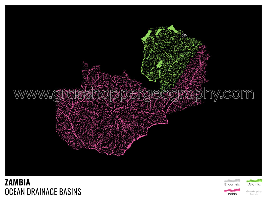 Zambia - Ocean drainage basin map, black with legend v1 - Fine Art Print