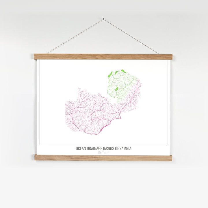 Zambie - Carte du bassin versant océanique, blanc v1 - Tirage d'art avec cintre