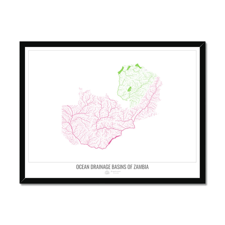 Zambie - Carte du bassin versant océanique, blanc v1 - Impression encadrée