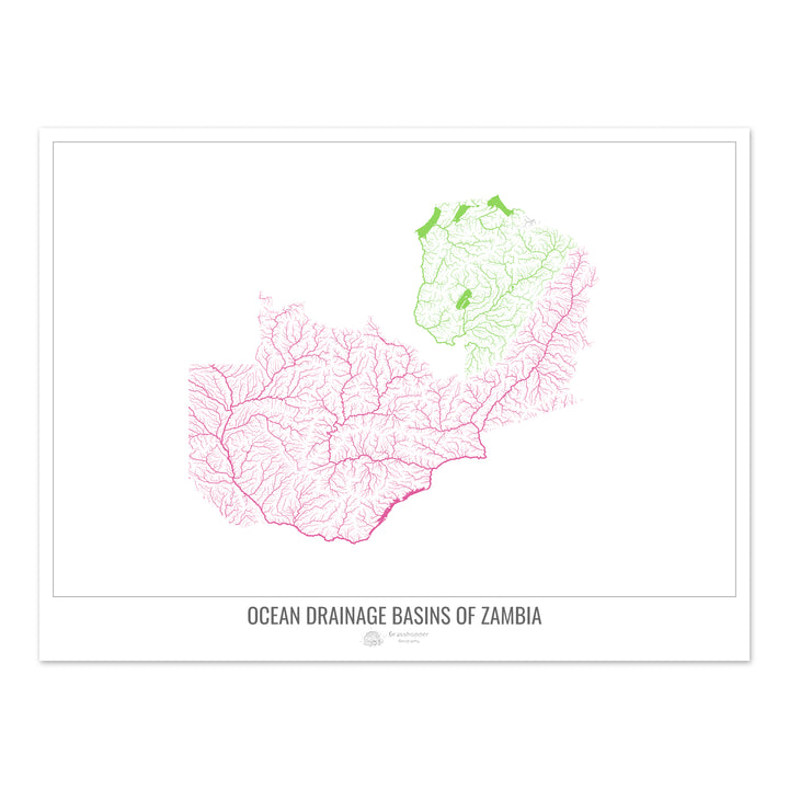 Zambia - Mapa de la cuenca hidrográfica del océano, blanco v1 - Impresión fotográfica