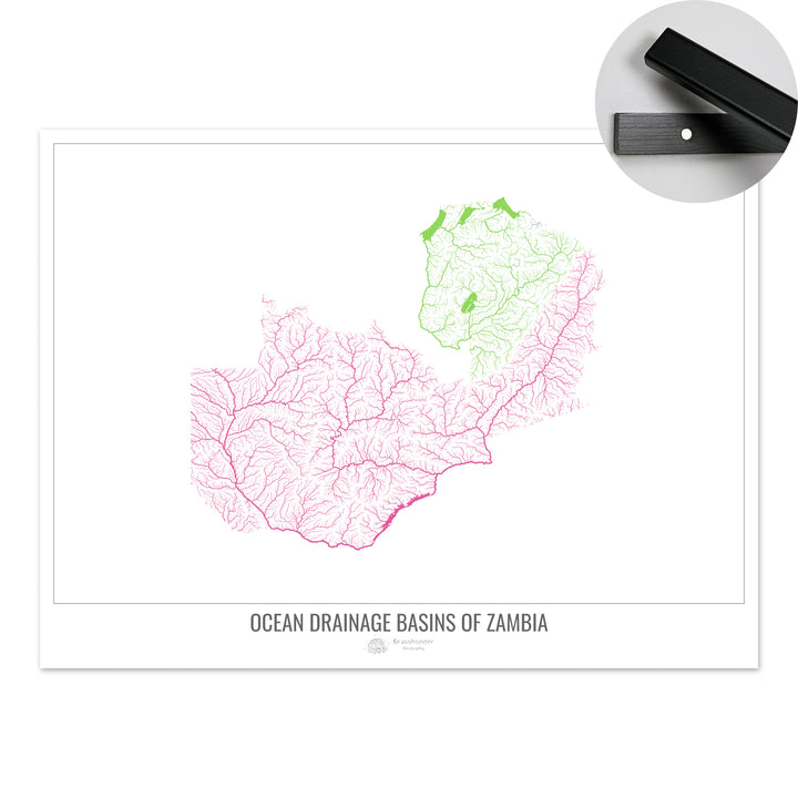 Zambia - Ocean drainage basin map, white v1 - Fine Art Print with Hanger