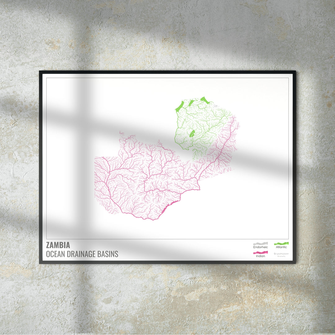 Zambia - Ocean drainage basin map, white with legend v1 - Photo Art Print