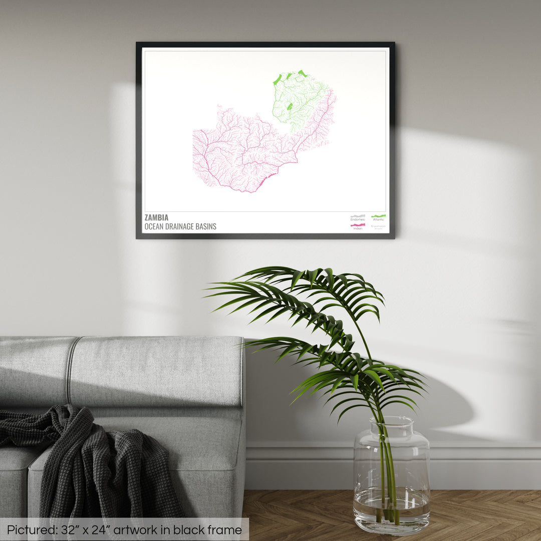 Zambia - Ocean drainage basin map, white with legend v1 - Framed Print