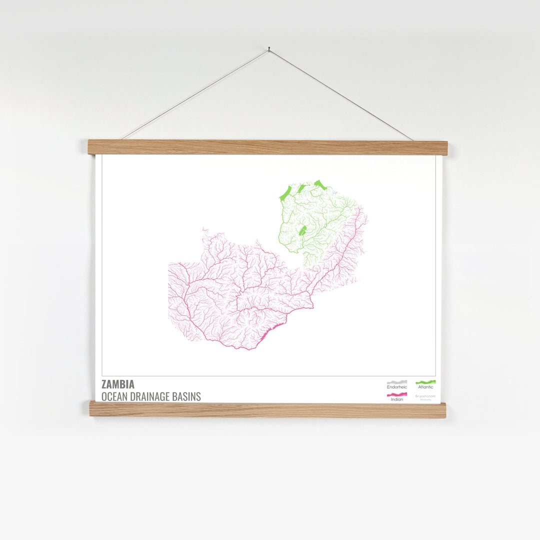 Zambie - Carte du bassin versant océanique, blanche avec légende v1 - Tirage d'art avec cintre