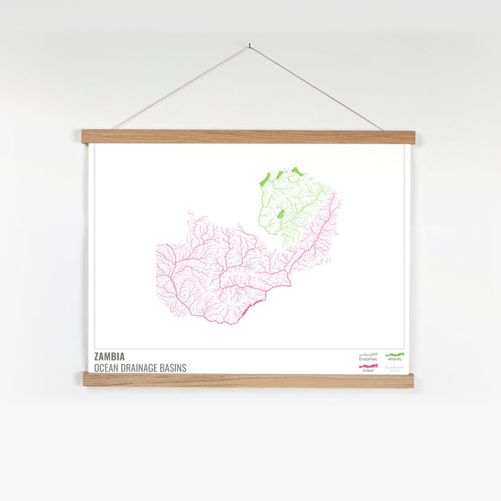 Zambie - Carte du bassin versant océanique, blanche avec légende v1 - Tirage d'art avec cintre