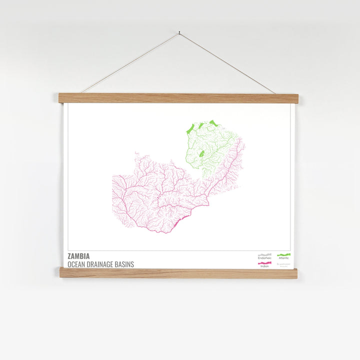 Zambia - Ocean drainage basin map, white with legend v1 - Fine Art Print with Hanger