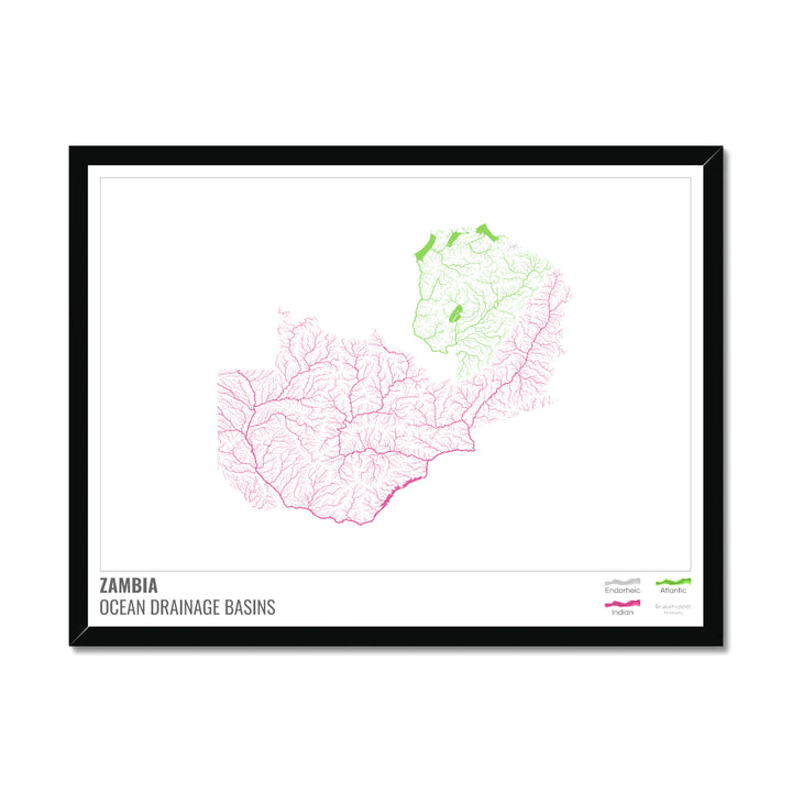 Zambie - Carte du bassin versant océanique, blanche avec légende v1 - Impression encadrée