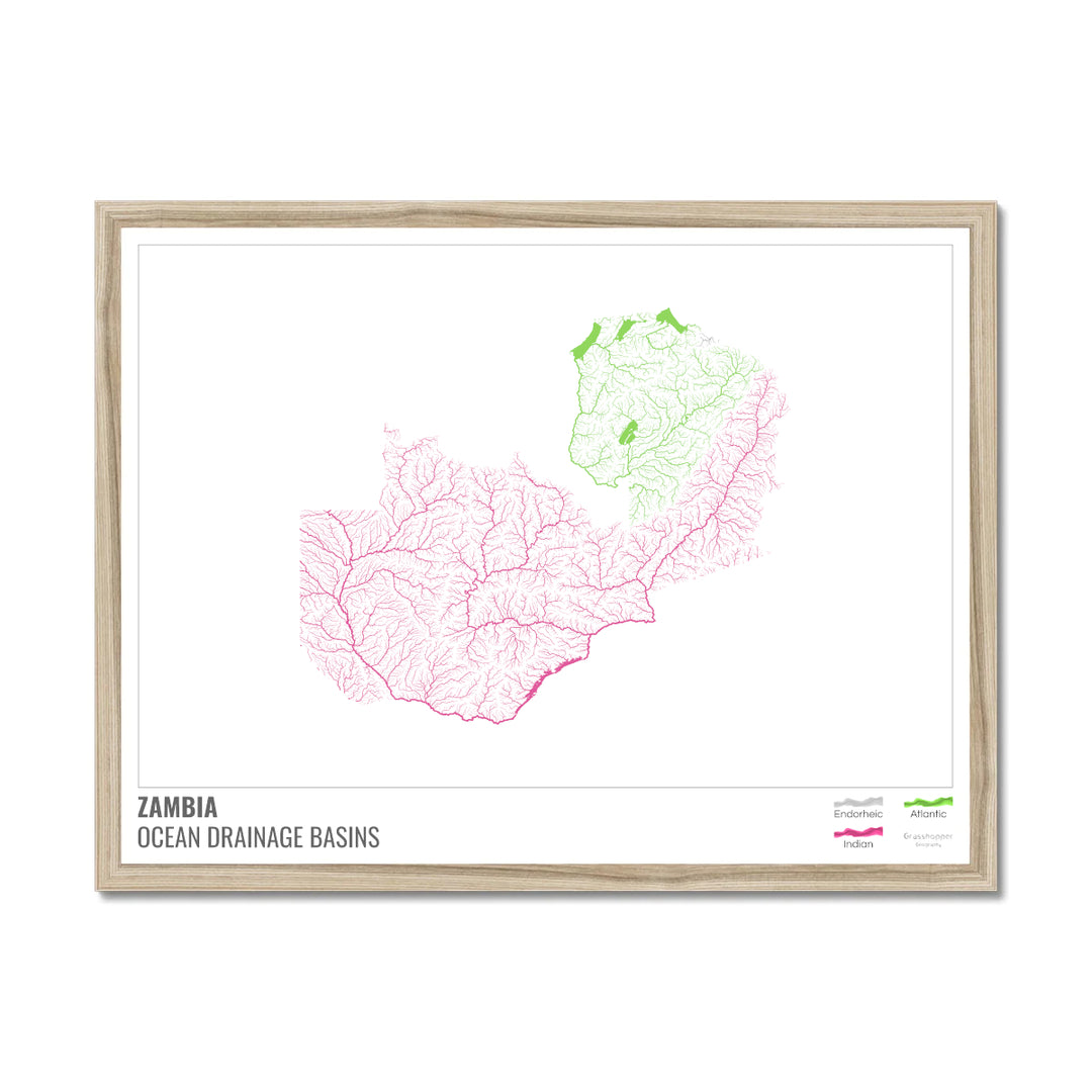 Zambia - Ocean drainage basin map, white with legend v1 - Framed Print