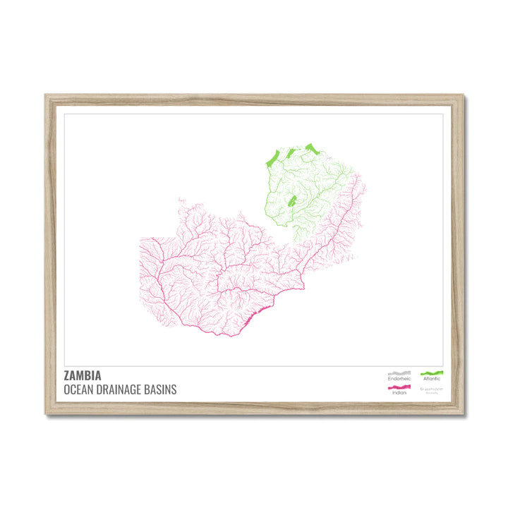 Zambie - Carte du bassin versant océanique, blanche avec légende v1 - Impression encadrée
