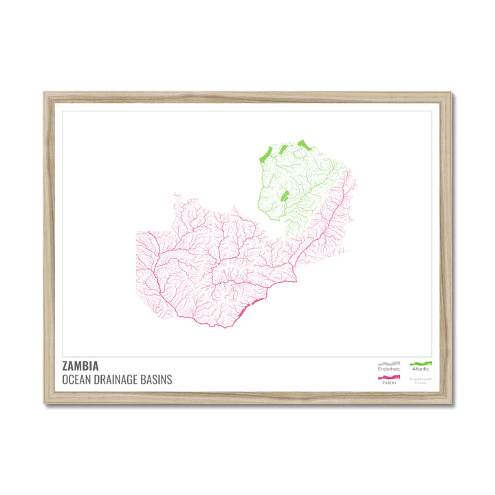 Zambia - Ocean drainage basin map, white with legend v1 - Framed Print