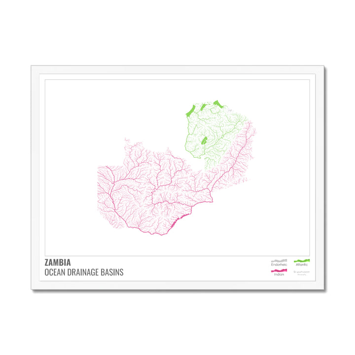Zambia - Ocean drainage basin map, white with legend v1 - Framed Print