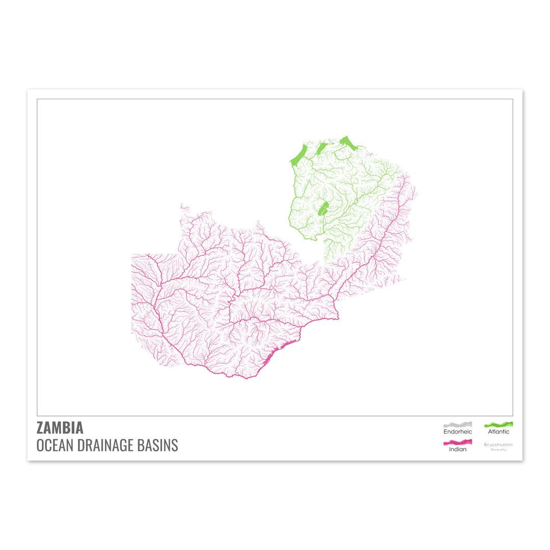 Zambia - Mapa de la cuenca hidrográfica del océano, blanco con leyenda v1 - Impresión de bellas artes