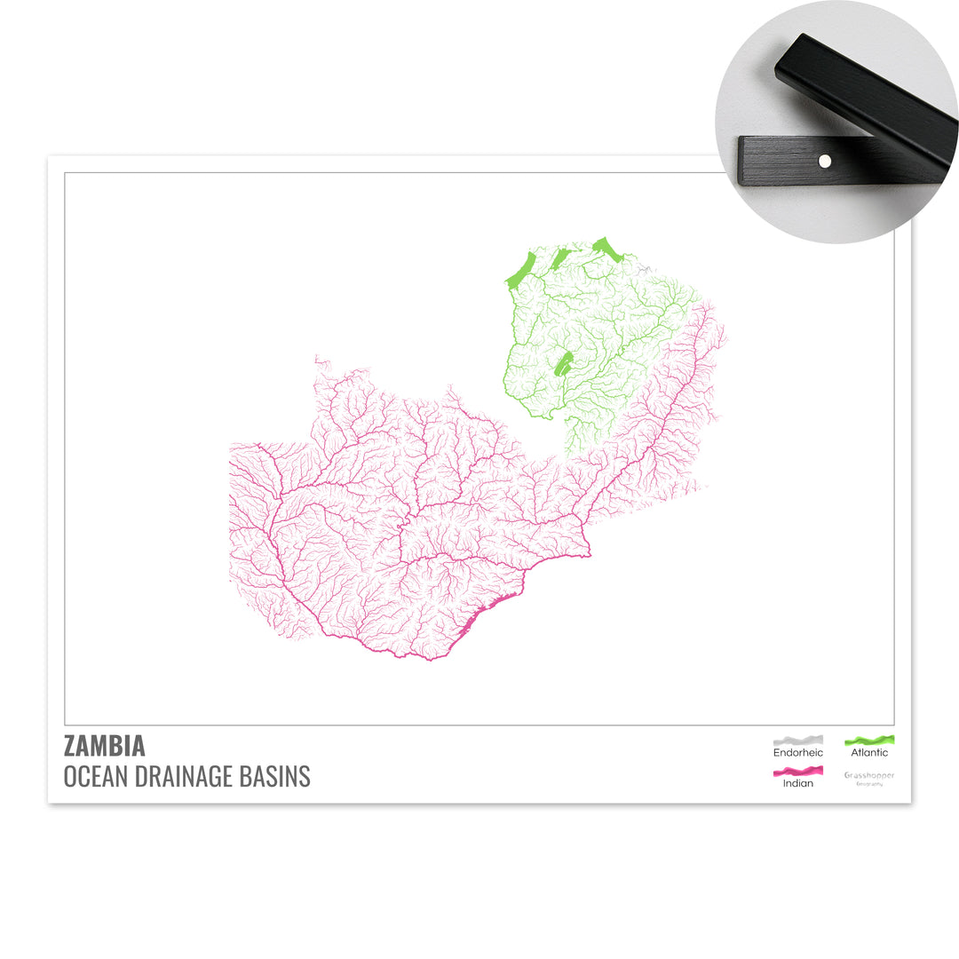 Zambia - Mapa de la cuenca hidrográfica del océano, blanco con leyenda v1 - Impresión artística con colgador
