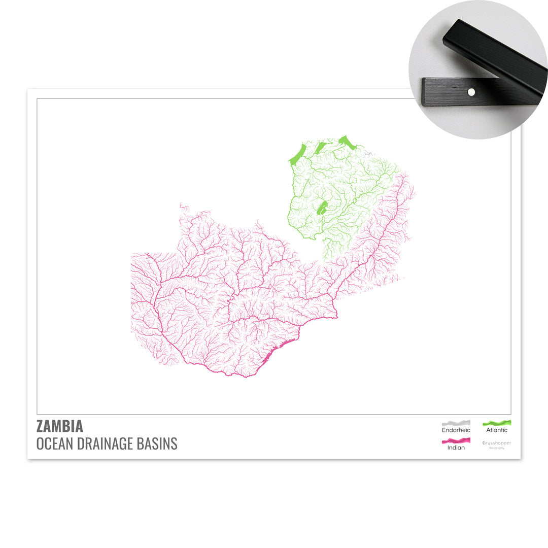 Zambia - Ocean drainage basin map, white with legend v1 - Fine Art Print with Hanger