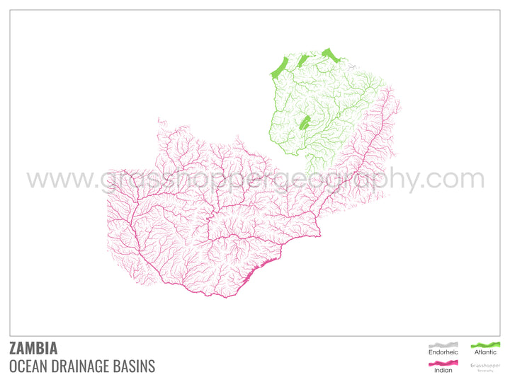Zambia - Ocean drainage basin map, white with legend v1 - Fine Art Print