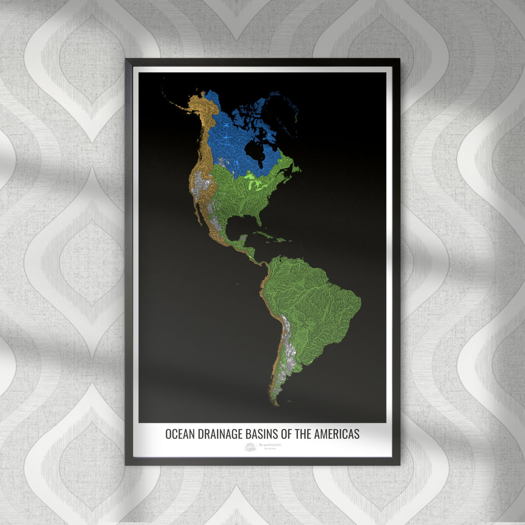 América - Mapa de la cuenca hidrográfica del océano, negro v1 - Impresión fotográfica