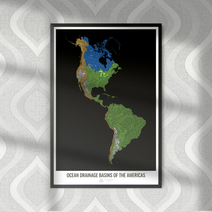 The Americas - Ocean drainage basin map, black v1 - Photo Art Print