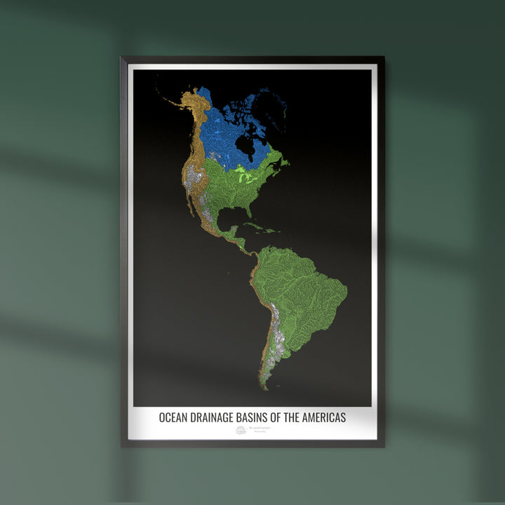 The Americas - Ocean drainage basin map, black v1 - Fine Art Print