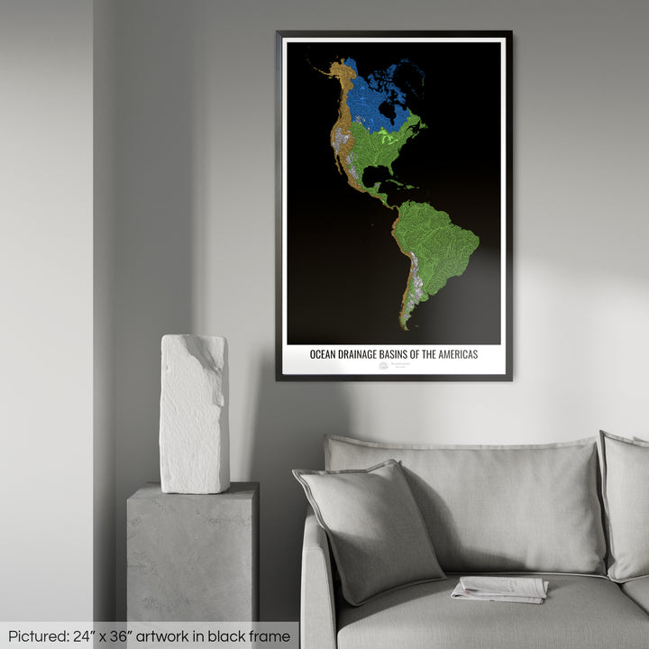 The Americas - Ocean drainage basin map, black v1 - Framed Print