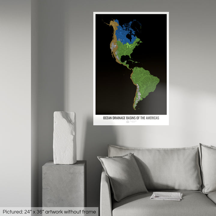 América - Mapa de la cuenca de drenaje oceánico, negro v1 - Impresión de bellas artes