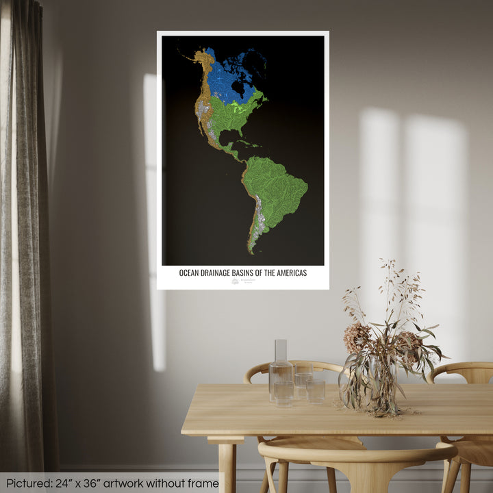 América - Mapa de la cuenca hidrográfica del océano, negro v1 - Impresión fotográfica