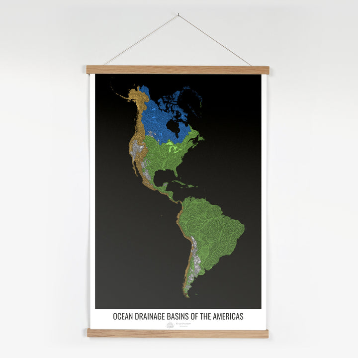 The Americas - Ocean drainage basin map, black v1 - Fine Art Print with Hanger