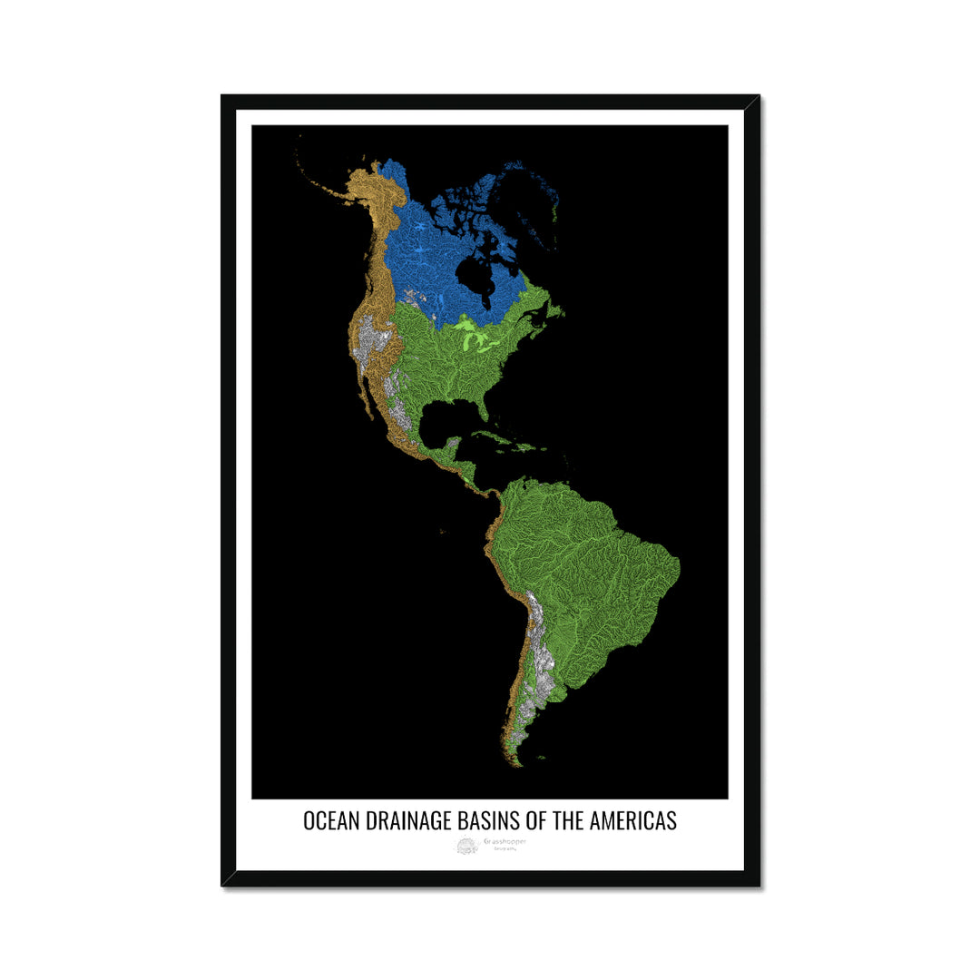 The Americas - Ocean drainage basin map, black v1 - Framed Print