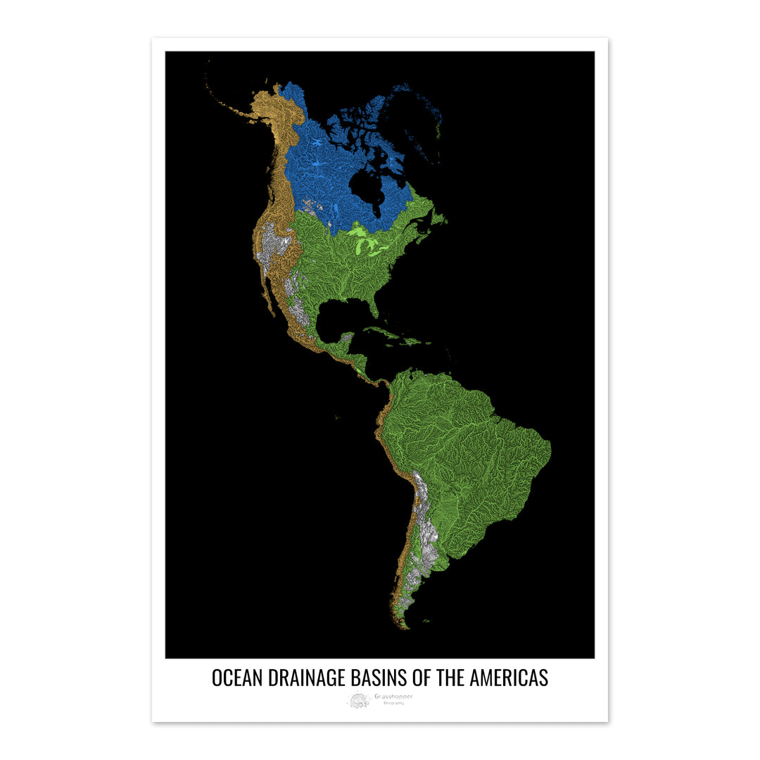Les Amériques - Carte des bassins hydrographiques océaniques, noir v1 - Fine Art Print