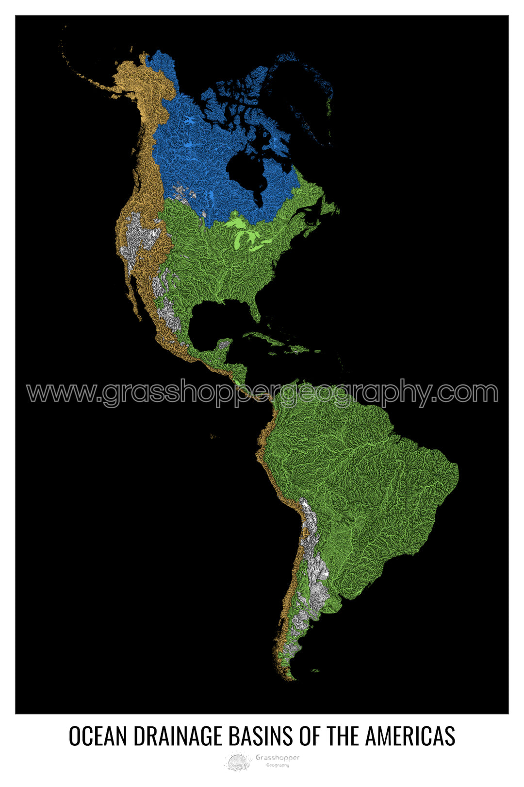 The Americas - Ocean drainage basin map, black v1 - Fine Art Print