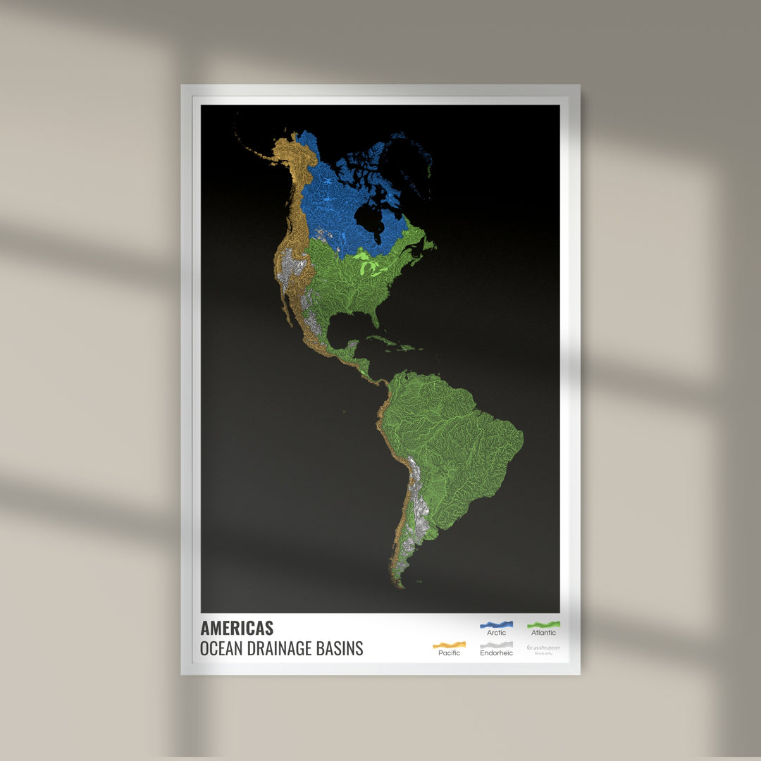 América - Mapa de la cuenca hidrográfica del océano, negro con leyenda v1 - Impresión fotográfica