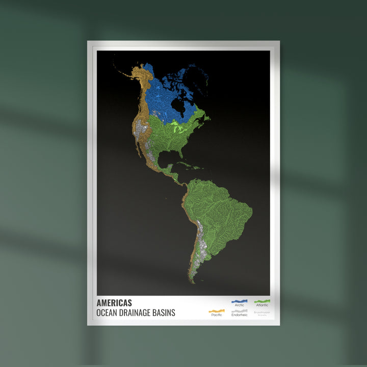 The Americas - Ocean drainage basin map, black with legend v1 - Fine Art Print