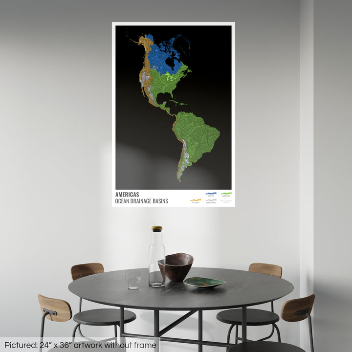 América - Mapa de la cuenca hidrográfica del océano, negro con leyenda v1 - Impresión de bellas artes