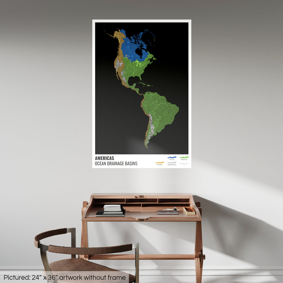 The Americas - Ocean drainage basin map, black with legend v1 - Photo Art Print