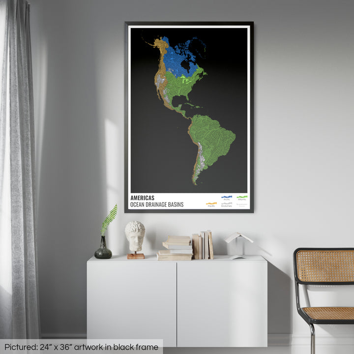 The Americas - Ocean drainage basin map, black with legend v1 - Framed Print