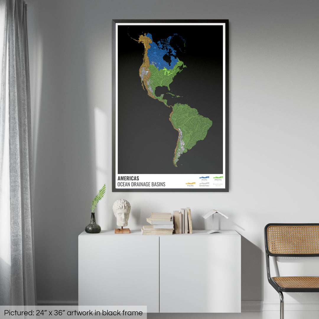 América - Mapa de la cuenca hidrográfica del océano, negro con leyenda v1 - Lámina enmarcada