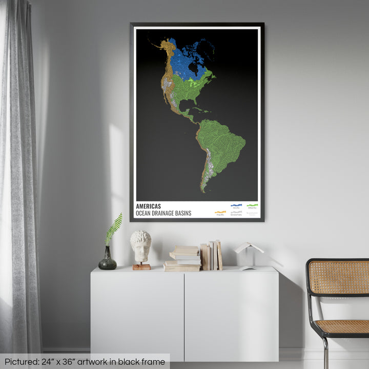 Américas - Mapa da bacia de drenagem oceânica, preto com legenda v1 - Impressão emoldurada
