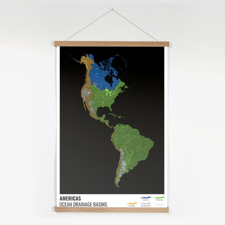 The Americas - Ocean drainage basin map, black with legend v1 - Fine Art Print with Hanger