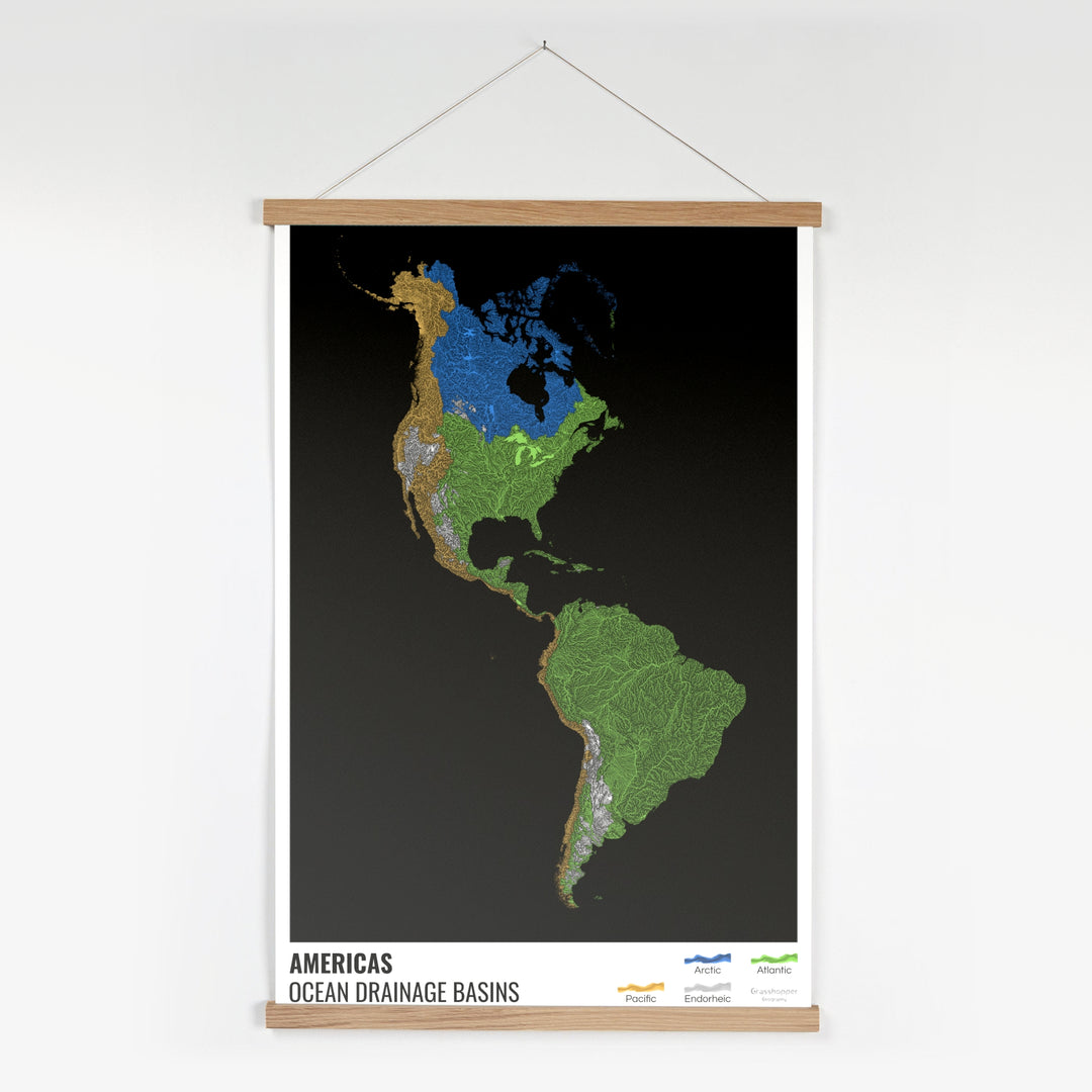 Les Amériques - Carte des bassins hydrographiques océaniques, noire avec légende v1 - Tirage d'art avec cintre