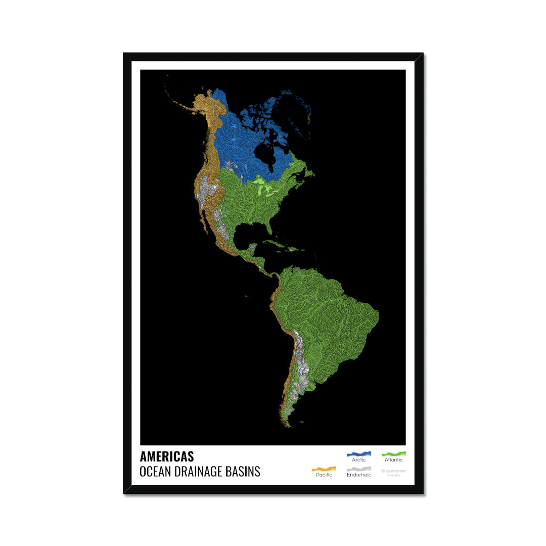América - Mapa de la cuenca hidrográfica del océano, negro con leyenda v1 - Lámina enmarcada