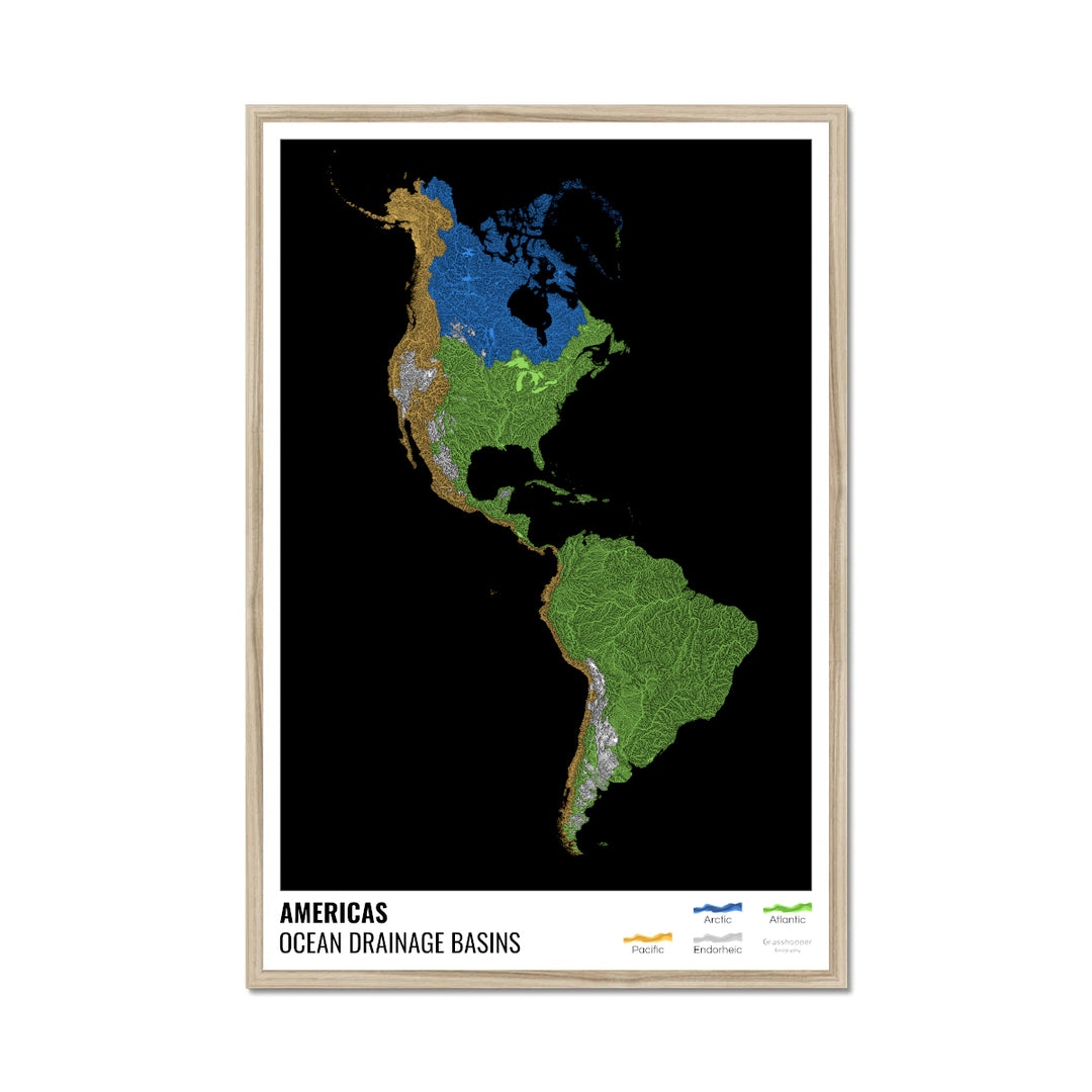 Les Amériques - Carte des bassins versants océaniques, noire avec légende v1 - Impression encadrée
