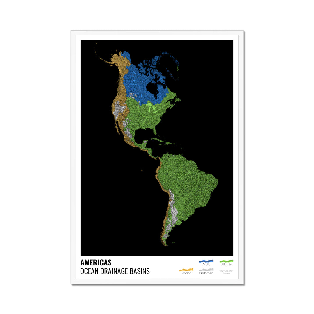 The Americas - Ocean drainage basin map, black with legend v1 - Framed Print