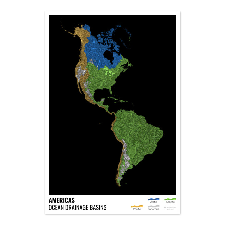 Les Amériques - Carte des bassins hydrographiques océaniques, noire avec légende v1 - Fine Art Print