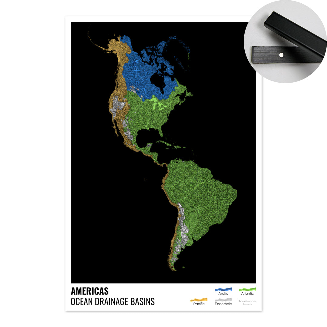 The Americas - Ocean drainage basin map, black with legend v1 - Fine Art Print with Hanger