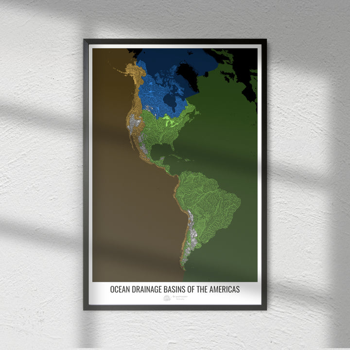 Les Amériques - Carte des bassins hydrographiques océaniques, noir v2 - Tirage photo d'art