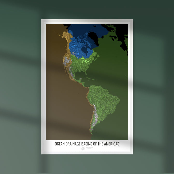 América - Mapa de la cuenca de drenaje oceánico, negro v2 - Impresión de bellas artes